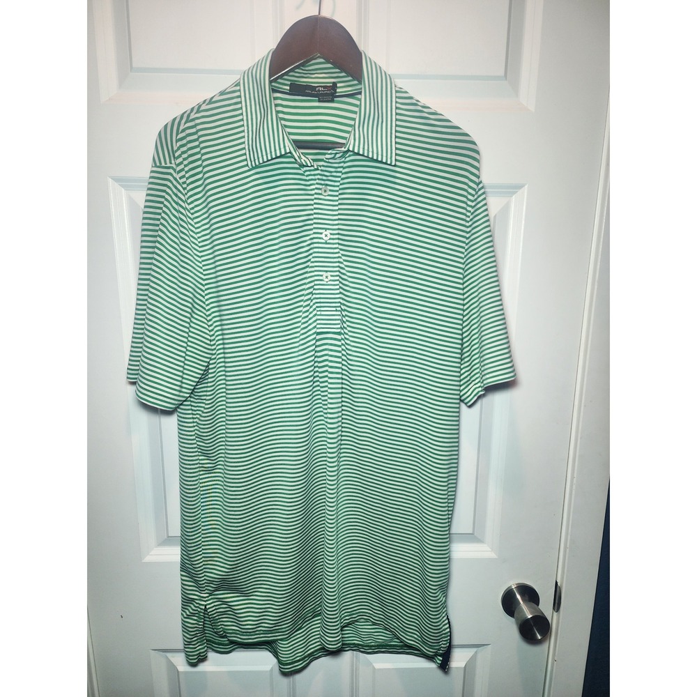 RLX Ralph Lauren Mens Large Green White Striped Golf Polo Shirt Stretch